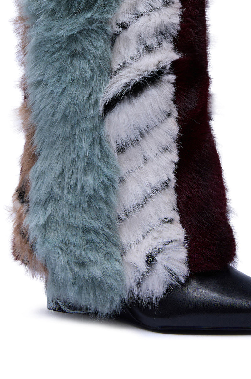 AZALEA WANG BRIASH BLUE MULTI FUR HIDDEN WEDGE BOOTIE