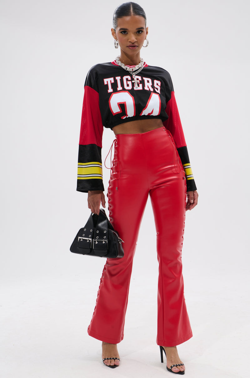 SEXY FAUX LEATHER RED LACE-UP PANTS