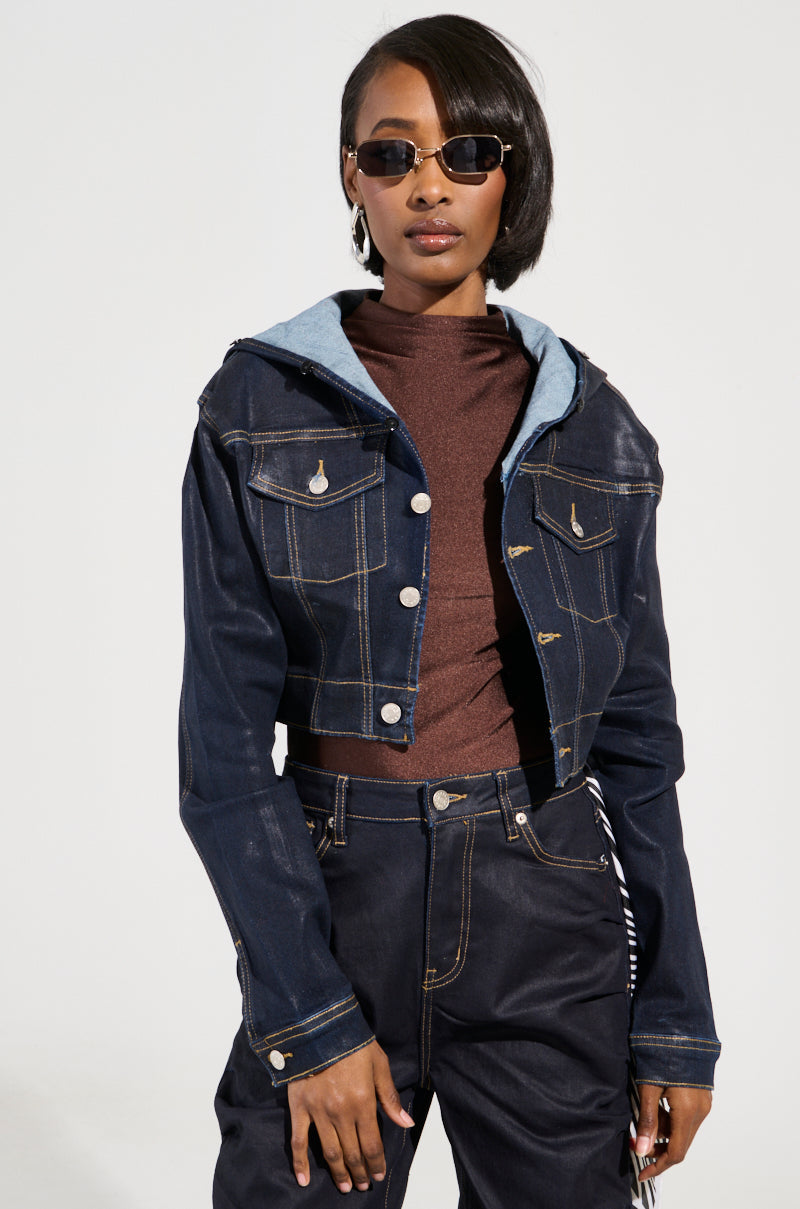 SITTING PRETTY FUR TRIM COATED DENIM JACKET