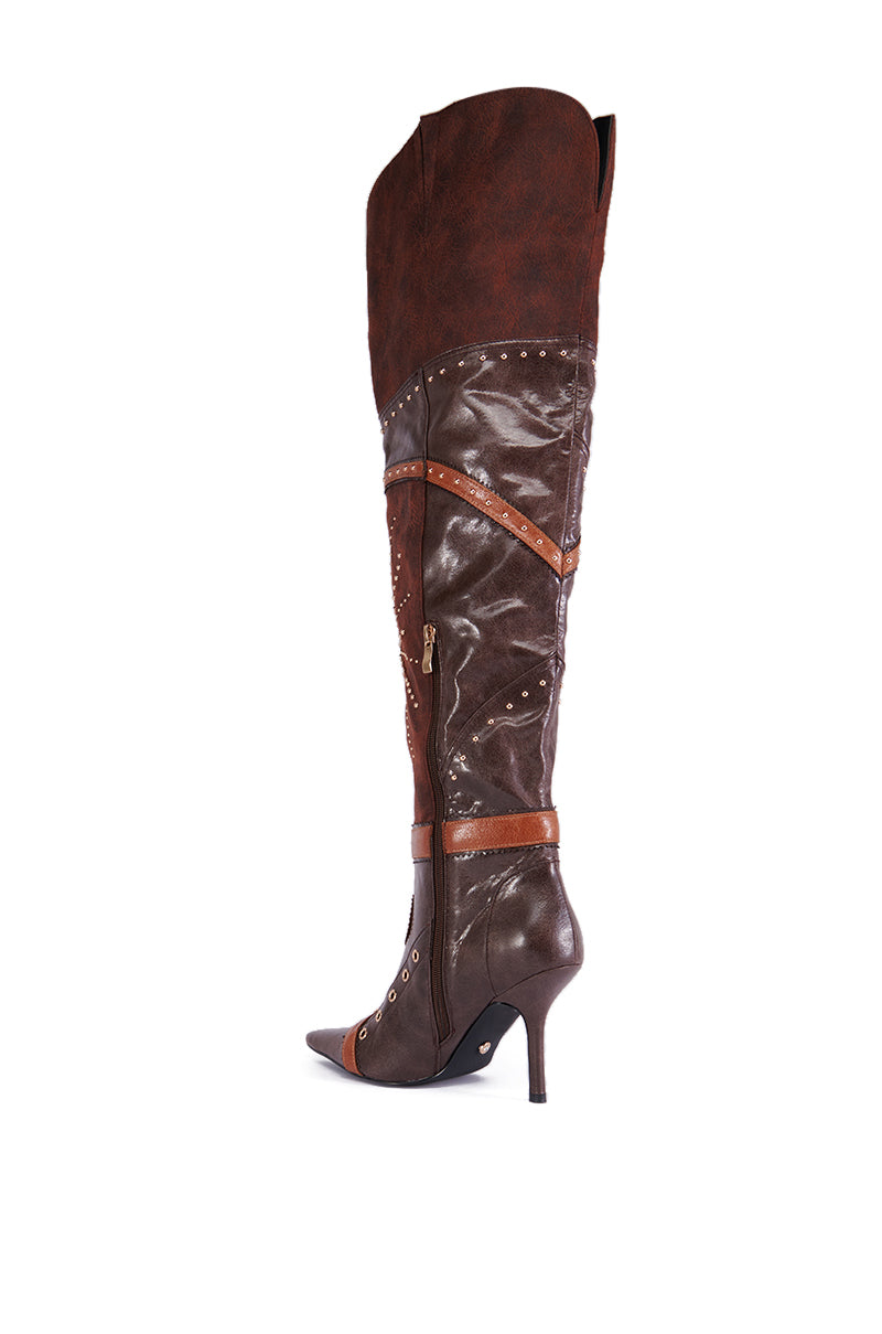 AZALEA WANG CHOCOCAT BROWN MULTI FAUX LEATHER EMBELLISHED BOOT