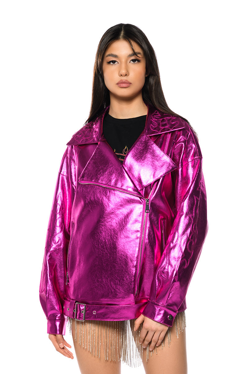 PRINCE METALLIC EMBROIDERED MOTO JACKET
