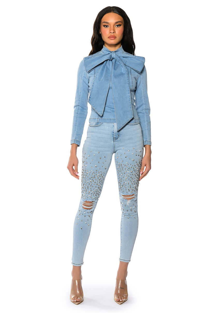 OUTTA THIS WORLD DISTRESSED RHINESTONE HIGH RISE SKINNY JEANS