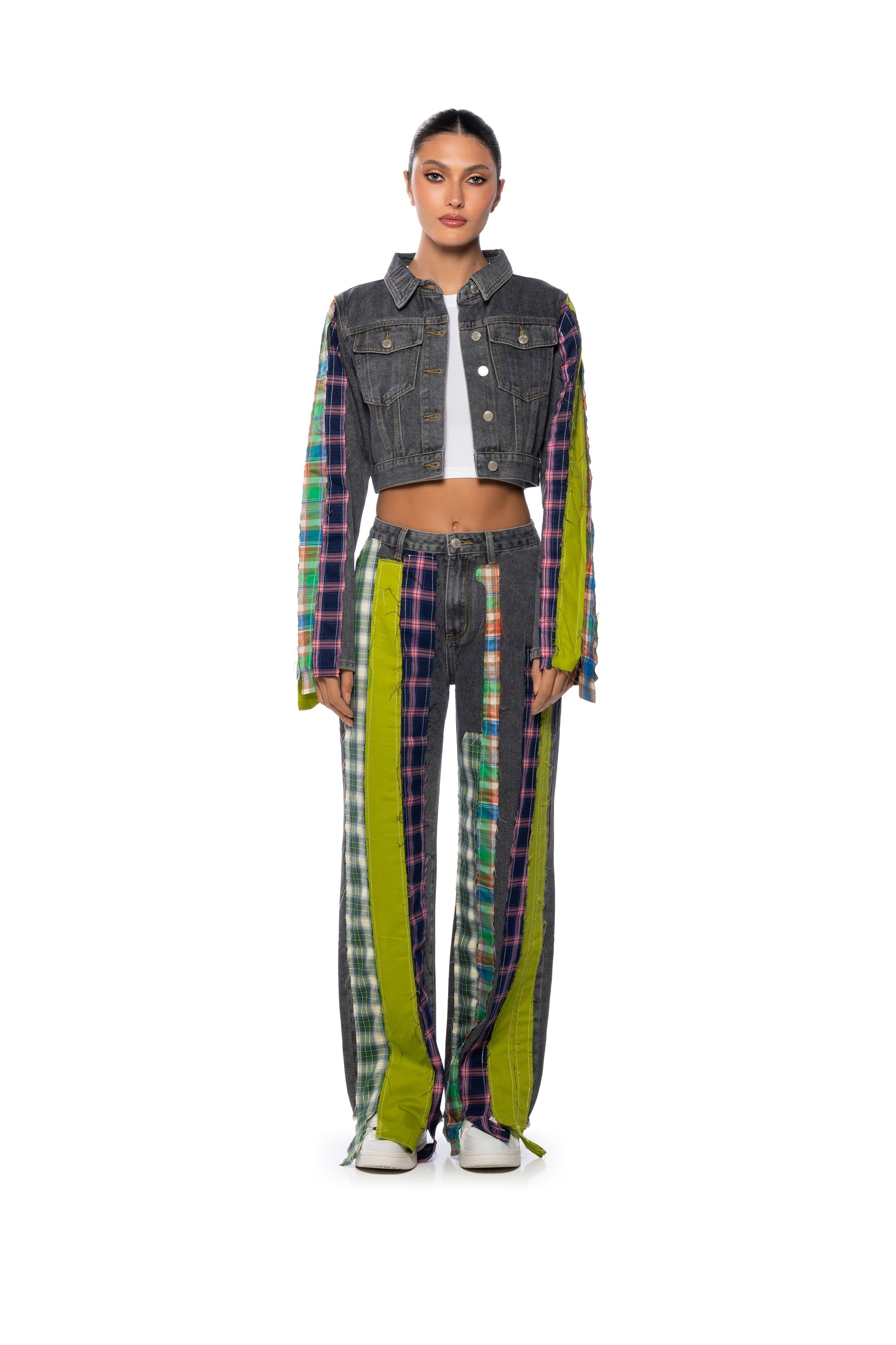 SOMETHIN NEW PLAID DETAIL WIDE LEG JEAN