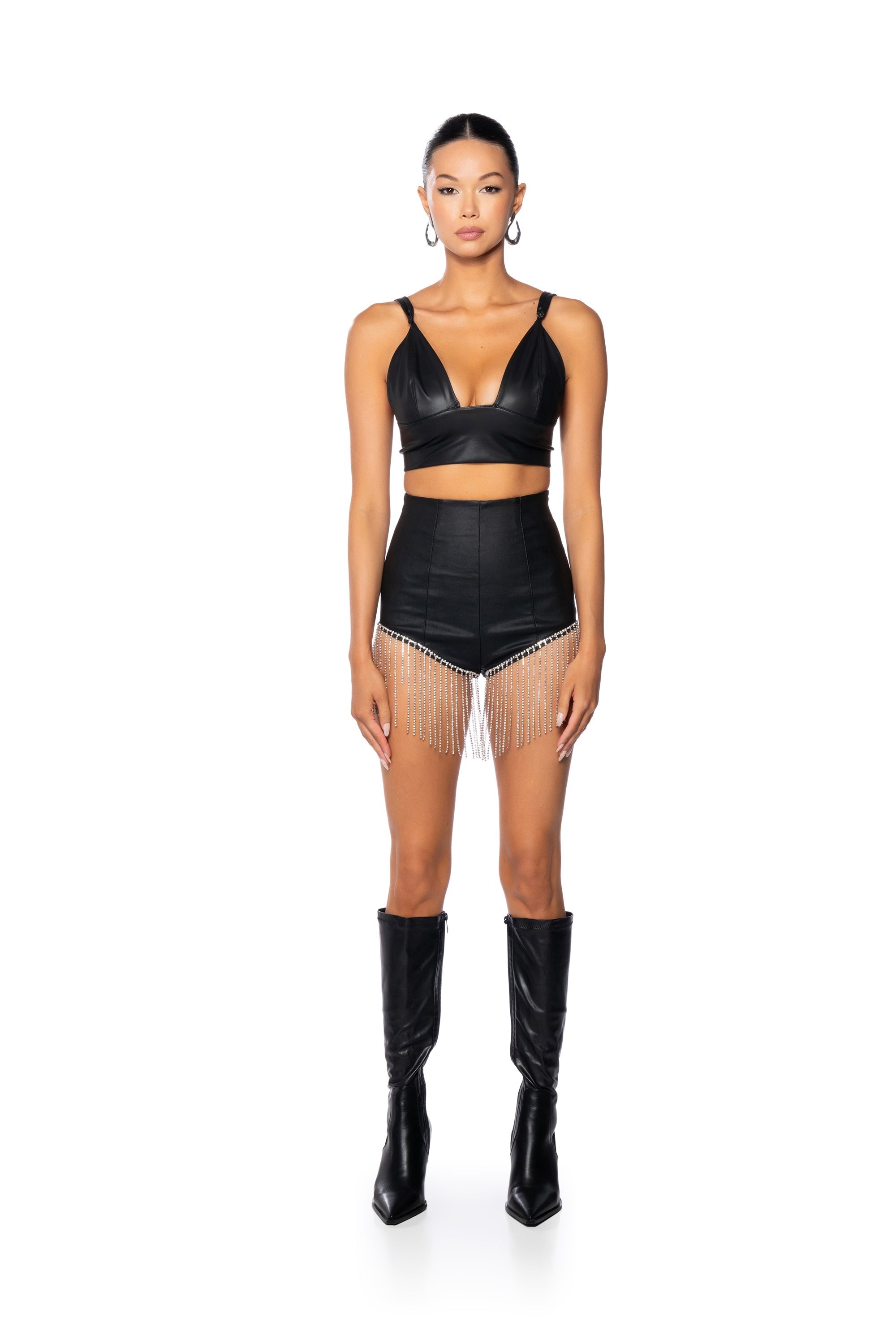 VIRGO'S GROOVE RHINESTONE FRINGE FAUX LEATHER SHORT