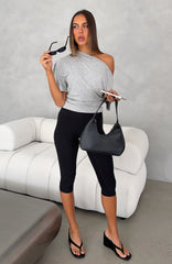 Hype Girl Cinched Waist Off Shoulder Top Grey Marle
